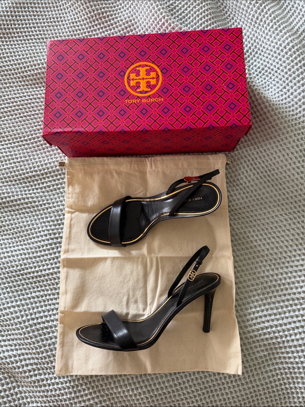 Tory Burch Black Leather Slingback Heels with Gold Trim